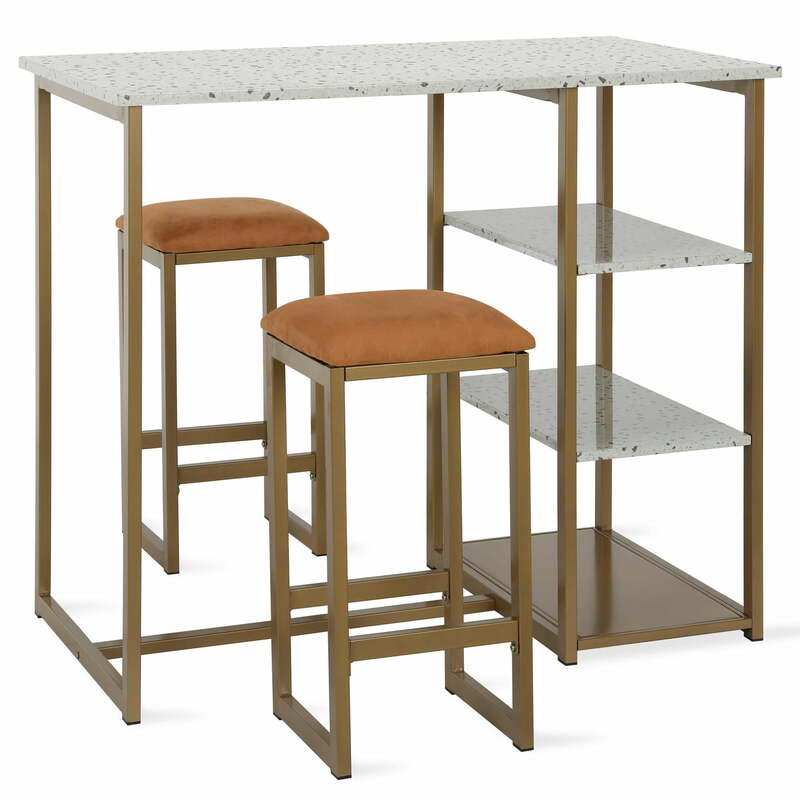 3-Piece Pub Set with Faux Terrazzo Top, Bar Table and Chairs Set, Pub Table Set w/ 2 Stools, Counter Height Dining Sets