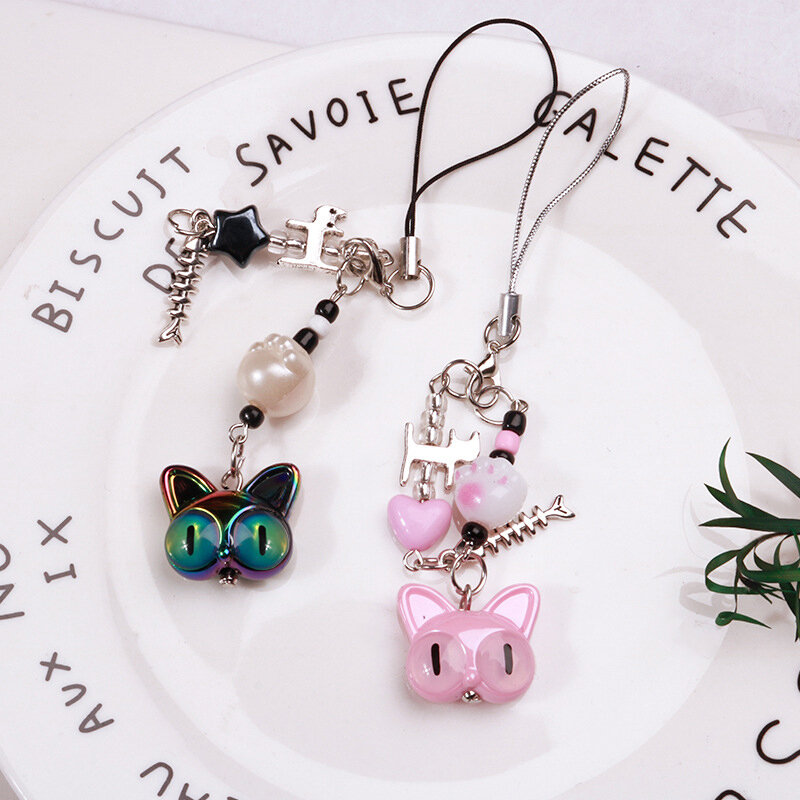 Different Eyes Cat Key Chain Pendant Sweet Cool Beads Phone Chain Earphone Case Hanging Rope Lanyard Wrist Strap Bag Decor