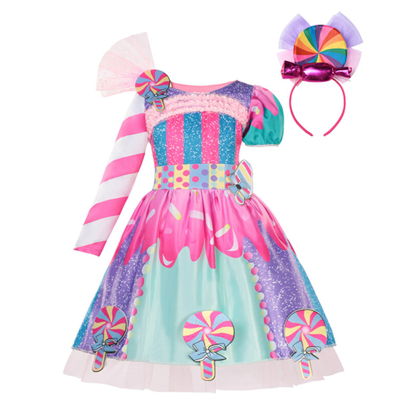 Vestido de doces arco-íris para crianças, fantasia cosplay, vestido de baile colorido, vestido de princesa, festa de Halloween, festival Purim, bebê, nova moda