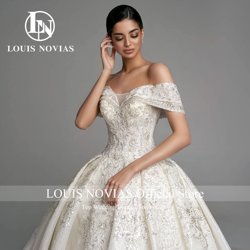 Бальное платье LOUIS NOVIAS 2024, свадебное платье с рукавом-крылышком, вышивкой сердечком, сверкающим королевским шлейфом, свадебные платья