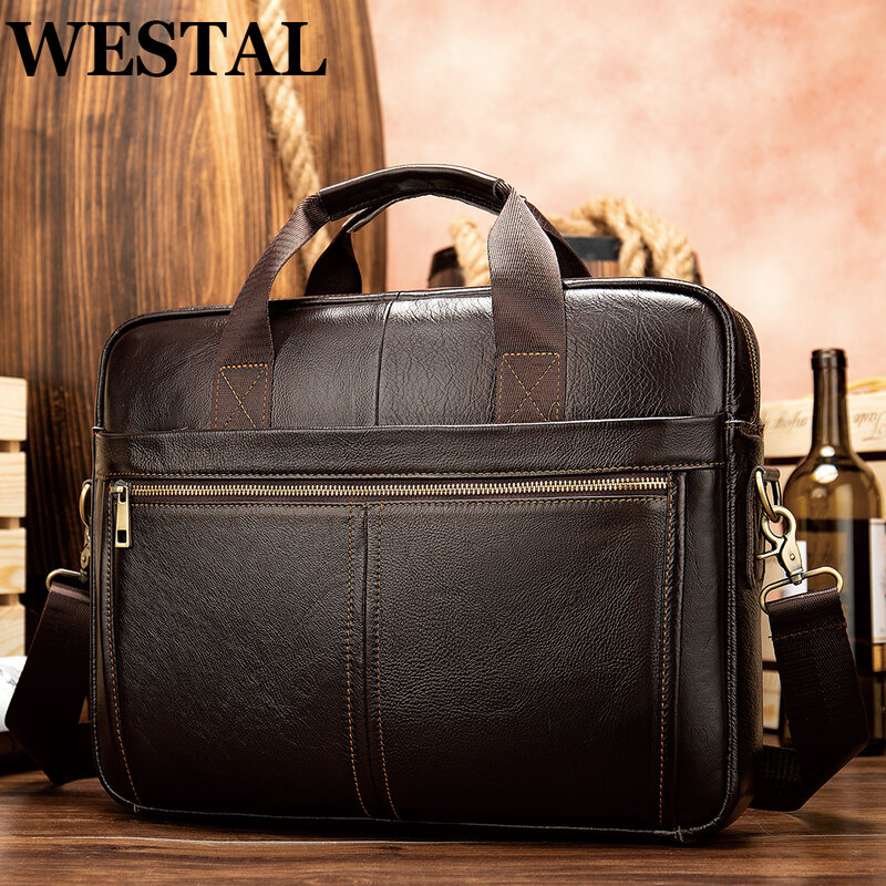 Westal กระเป๋าเอกสารผู้ชายหนังแท้14นิ้วกระเป๋าหิ้ว, กระเป๋าสตางค์ใส่แล็ปท็อปหนังใส่ทำงานสำหรับ8572เอกสาร