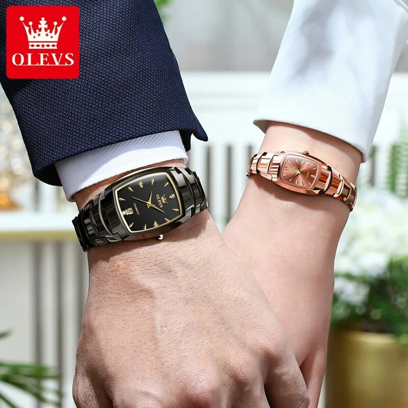 OLEVS Brands New Luxury Tungsten Steel Couple Quartz Watch for Men Women Sports Waterproof Calendar Fashion Couple Wristwatches