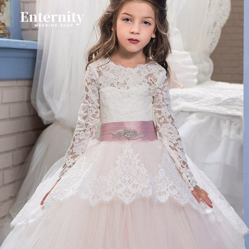 Princesse Enfant a-line o-collo lunghezza del pavimento Flower Girl Dress Appliques di pizzo cintura abito da ballo aperto indietro Vestidos Para nias