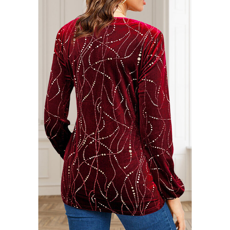 Plus Size Casual Burgundy Velvet Bronzing Print Sparkly Sequin Two Pieces Blouse Cover Up Tops with Vest