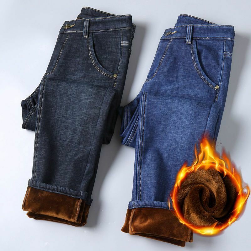 2022 Jeans Wol Mewah Celana Panjang Tebal Termal Hangat Musim Dingin Pria 28-40 Celana Bot Potong Jalanan Lurus untuk Pria
