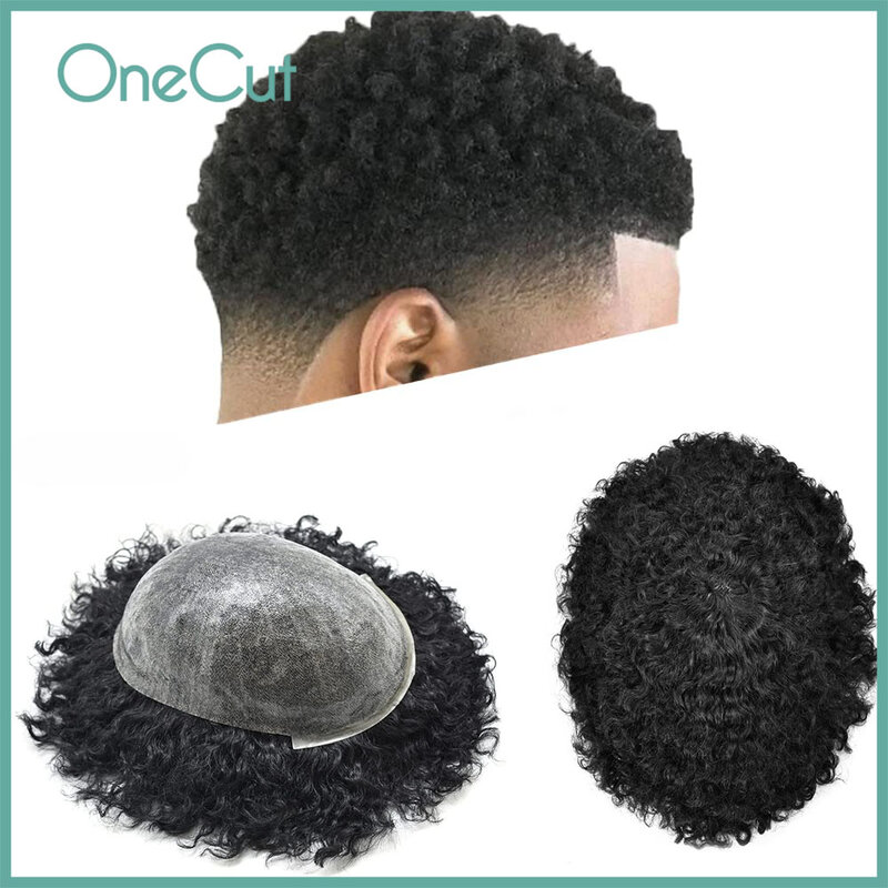 Full PU Afro Curly Toupee para Homens, Cabelo Masculino Prótese Hairpiece, Natural Hairline Substituição do Sistema Unidade, injetado PELE