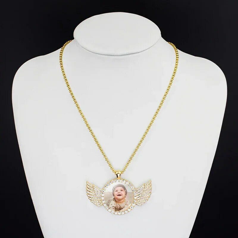 Colgante de alas de Ángel con foto de bebé personalizada, collar de diamantes de imitación de cadena larga, imagen de cúpula de cristal personalizada, joyería personalizada