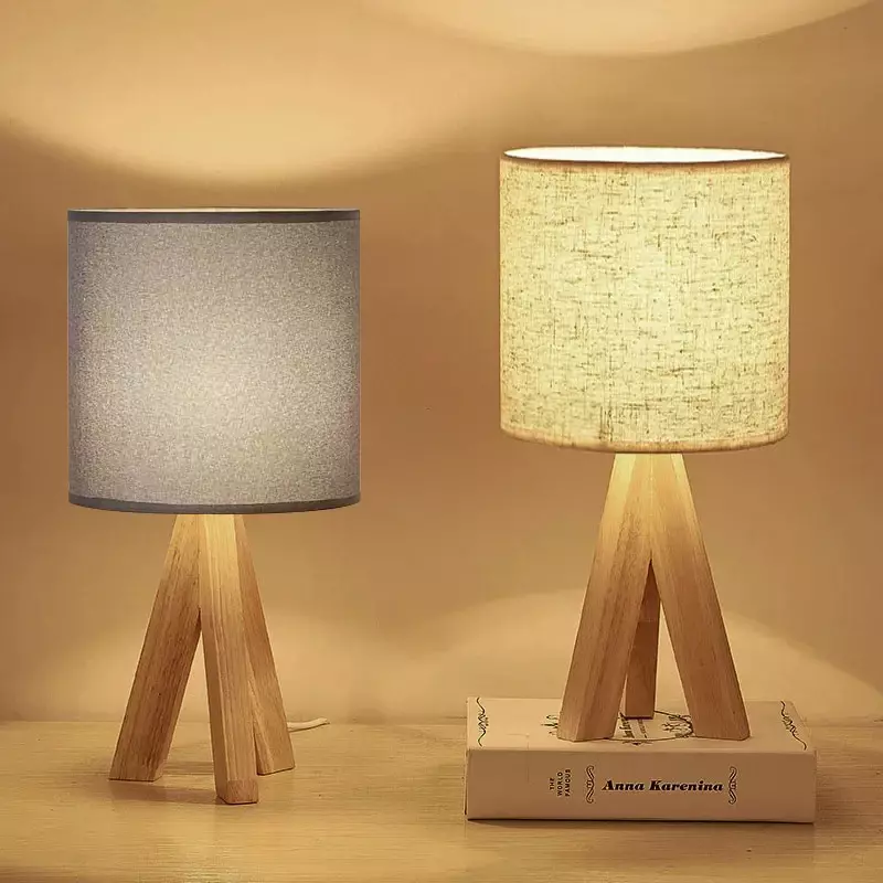 Nordic Wood Table Lamp Bedside Eye Protection Desk Lamp E27 Log Fabric Beige Lampshade LED Bedroom Study Room Decor Home Fixture