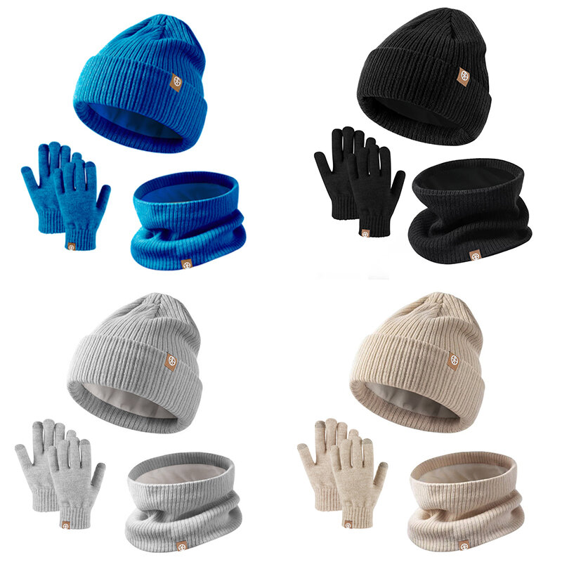 Зимний комплект из 3 предметов для детей, вязаные полосатые шапочки, детский шарф, двухслойная плюшевая подкладка, зимняя шапка, снуд, перчатки, набор для девочек и мальчиков
