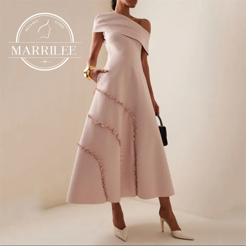 Marrilee 가벼운 핑크 A 라인 얼룩 구김 오프 더 숄더 이브닝 드레스, 우아한 발목 길이 민소매 파티 무도회 가운