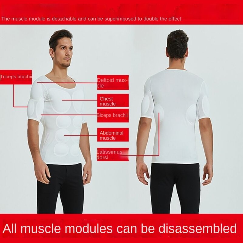 Męskie urządzenie do modelowania sylwetki fałszywe wzmacniacze mięśni ABS niewidoczne klocki Top Cosplay koszule w klatce piersiowej miękka ochrona Fitness mięśni podkoszulek