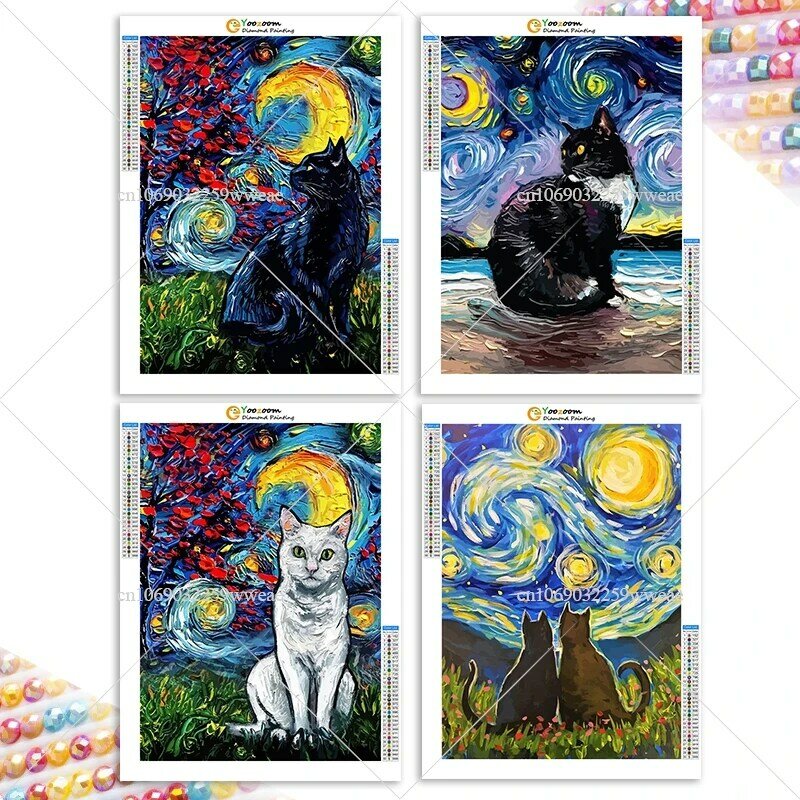 Diamond Mosaic Pictures com Van Gogh Arte, gato branco, céu estrelado preto, fazer a sua casa um celestial sonhos