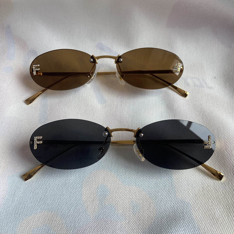 Punk Cat Eye Sunglasses Female Outdoor Shades Rimless Driving Eyewear Glasses Retro Letter Oval Sun Glasses Oculos De Sol