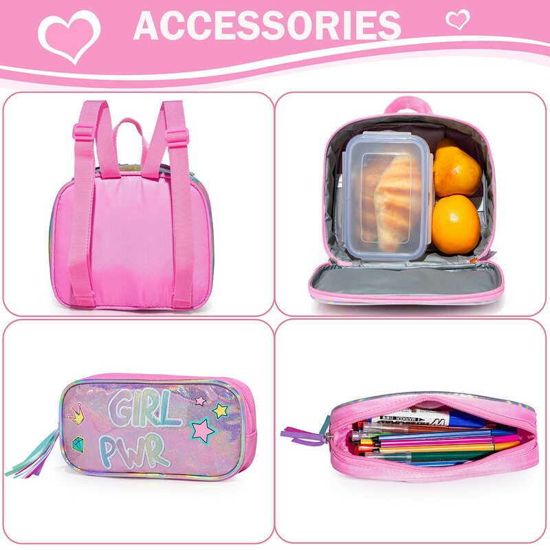 Backpack for Girls School Backpacks Kids Clear Bookbag for Elementary Kindergarten Students Full Size Travel Bag with Lunch Box