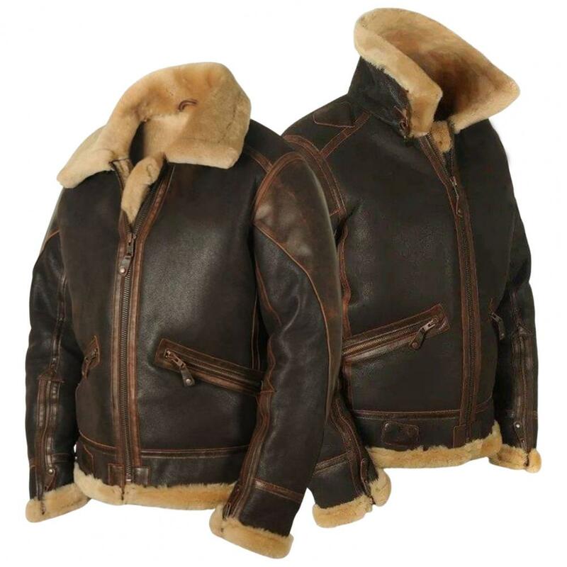 Men Coat Plush Zipper Closure Long Sleeve Turndown Collar Autumn Winter Coldproof Jacket Outwear for Daily Wear
