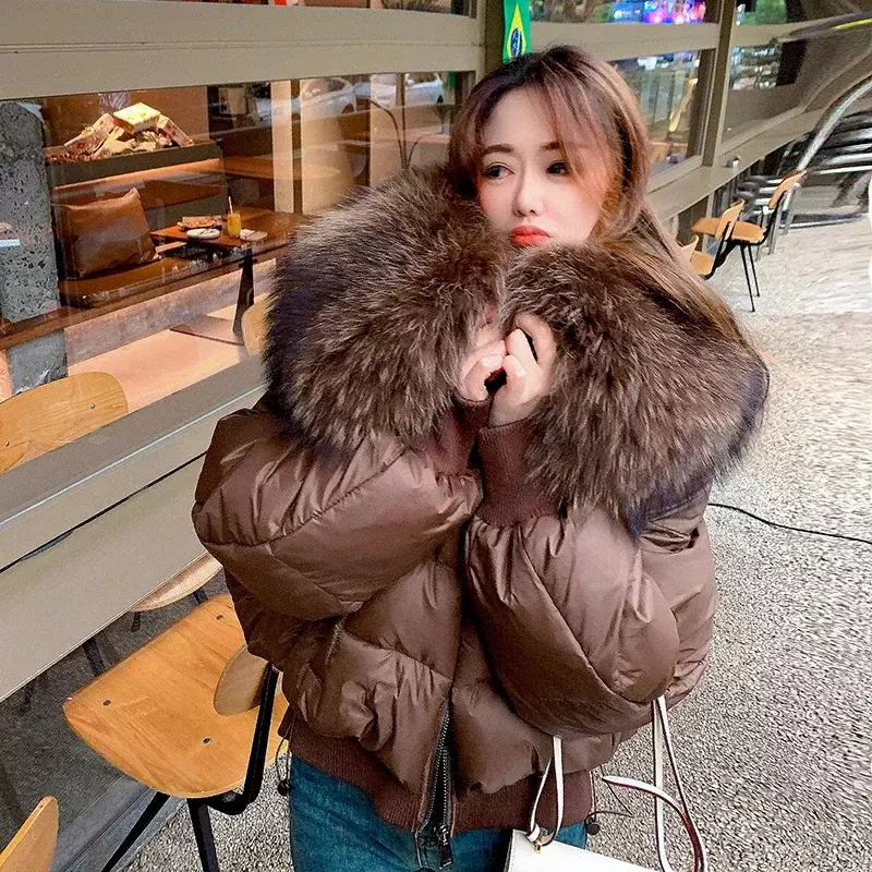 Lagabogy 2023 Winter Puffer Jacket Women Thick Warm Short Parkas Real Natural Raccoon Fur Female Loose 90% White Duck Down Coat