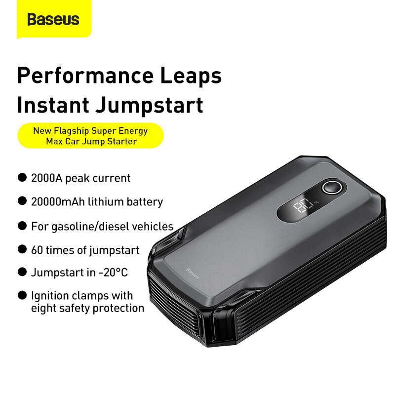 BASEUS – Démarreur de saut de voiture portable avec batterie de 20000 mAh, 2000 a, 12 V, dispositif de démarrage automatique d'urgence
