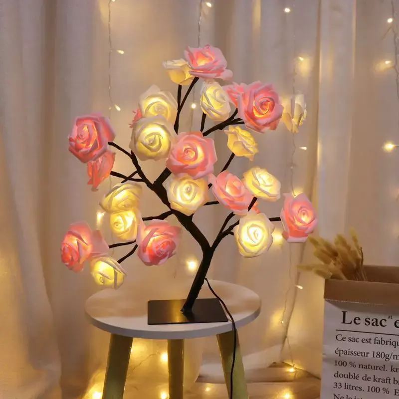 USB LED Rose Flower Tree Lights, Table Lamp, Fairy Maple Leaf, Night Light, Home Party, Natal, Casamento, Decoração do Quarto, Presente, 24 LEDs
