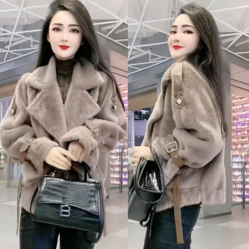 2023 Autumn Winter New Leisure Style Mink Wool Jacket Women Faux Fur Coat Double Breasted Short Overcoat