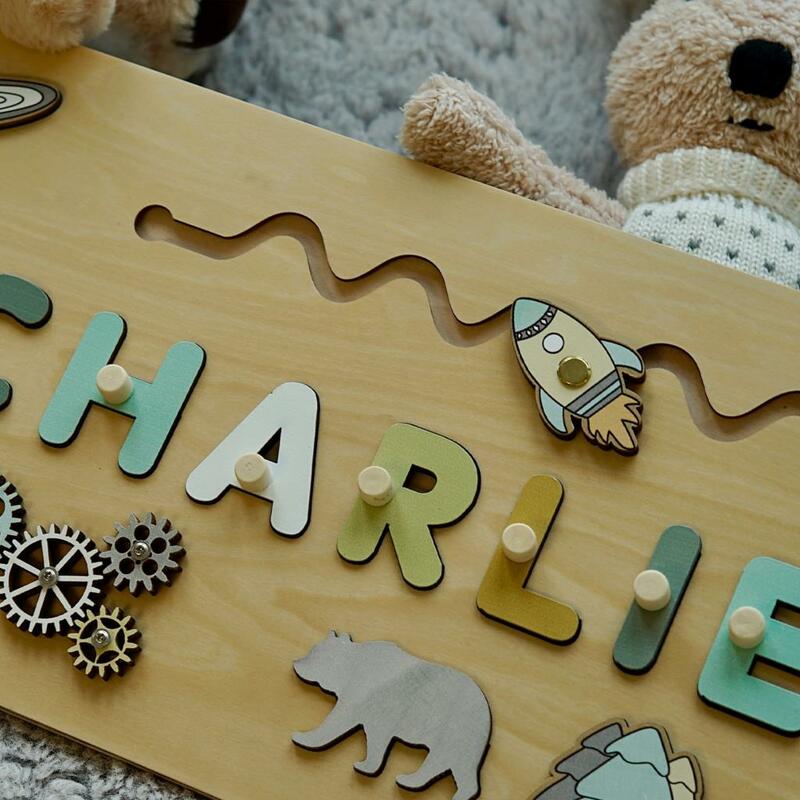 Wooden Name Puzzle Personalized Custom for Baby Game Board 3-D Jigsaw Puzzle Educational Shape Matching Developmental Toy