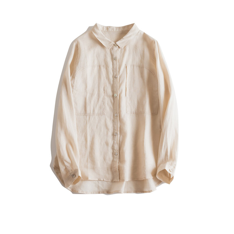 Camisa informal de manga larga para mujer, camisa holgada con solapa de color sólido, primavera y verano