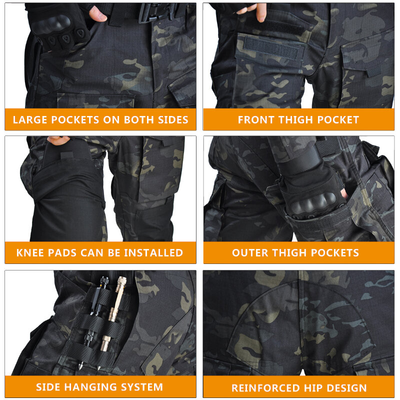 HAN WILD Men Outdoor Hunting Pants with Pads Military Camo Pants Tactical Trousers Combat Cargo Pants Airsoft Hiking Clothes