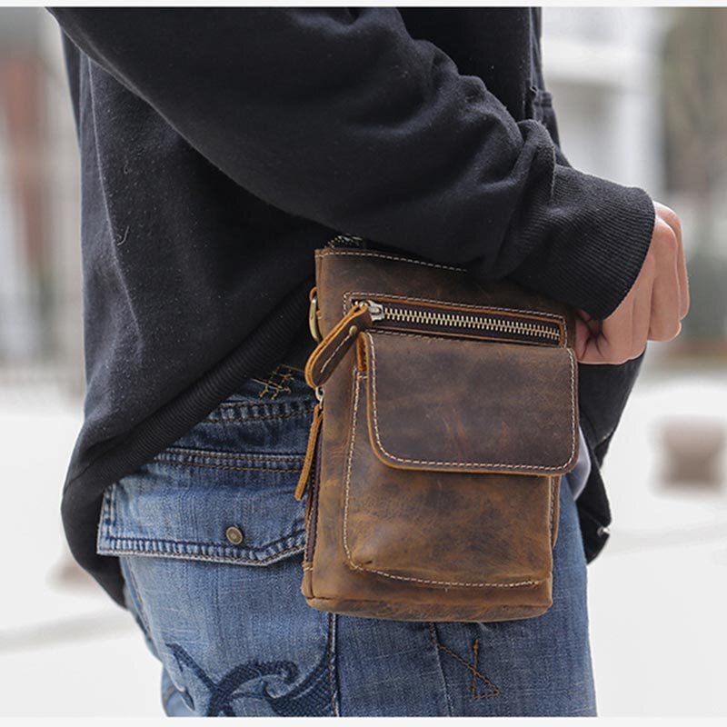 Винтажная поясная сумка из натуральной кожи для мужчин, маленький кошелек на ремне через плечо из кожи Крейзи Хорс, сумочка для телефона на ремне