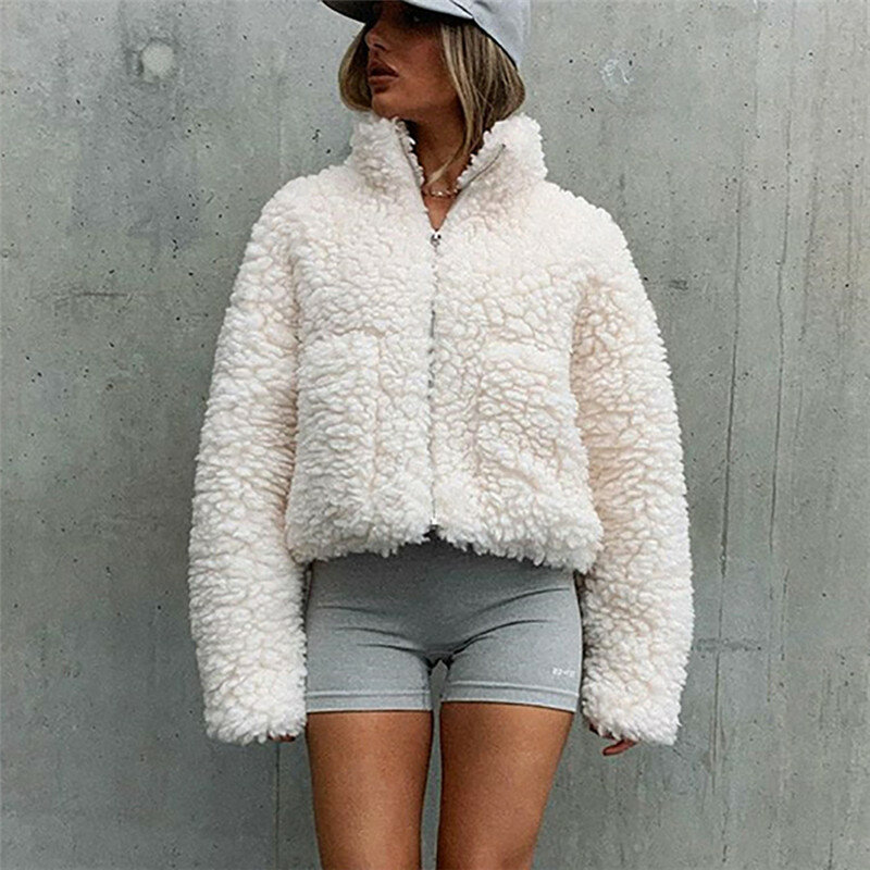 Jaket wol domba untuk wanita, kardigan lengan panjang kerah berdiri, mantel wol domba musim gugur dan musim dingin untuk wanita