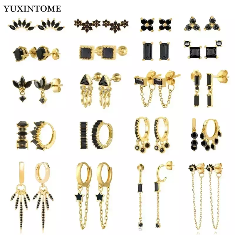 YUXINTIME 925 Sterling Silver Ear Needle Black Zircon Gold Earrings for women Geometric pendant Earrings Fashion Wedding Jewelry