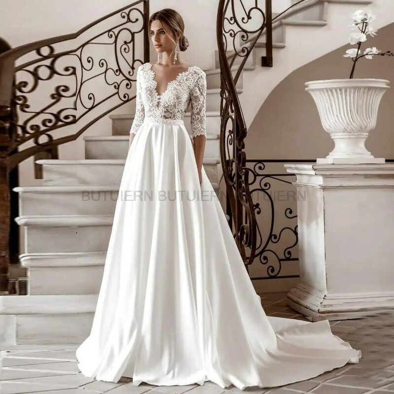 Elegancka, długa rękaw koronkowe suknie ślubne z dekoltem w szpic satyna a-line 2020 vestido de novia suknia ślubna jesień nowy Vintage prosty