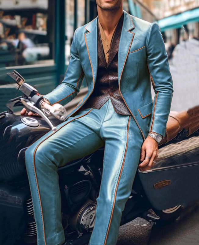 Костюм мужской облегающий из блейзера и брюк, куртка из искусственной кожи с контрастной отделкой, с вырезом на лацканах, деловой повседневный костюм для выпускного вечера, Moto style, 2 шт.