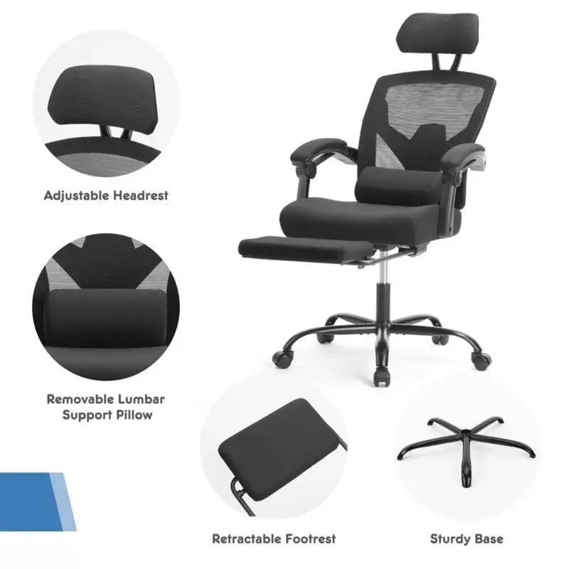Cadeira de escritório reclinável ergonômica com descanso para os pés, Cadeiras de computador encosto alto, Mesh Desk Chair