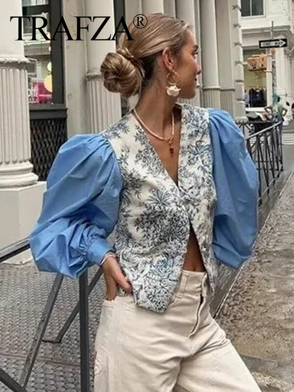 TRAFZA-camisa de calle de una sola botonadura para mujer, camisa de manga larga con cuello en V, estampado Retro, elegante, 2024