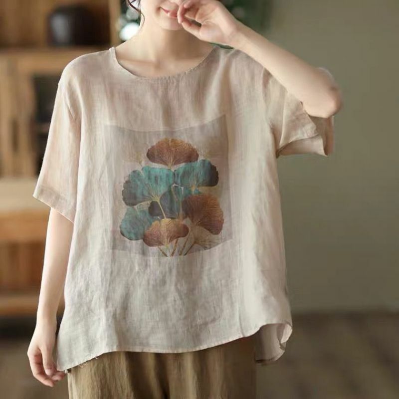 2024 Summer New Elegant Vintage All-match Loose Casual Pullovers Crew Neck Printed Half Sleeve Commuter Women's T-shirt Tops