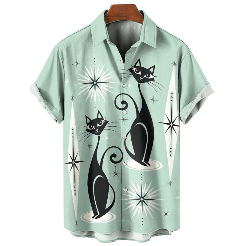 Camisas havaianas clássicas masculinas, gráficos para gatos, manga curta, estampas 3D, moda verão, camisa básica unissex, verão, 2024