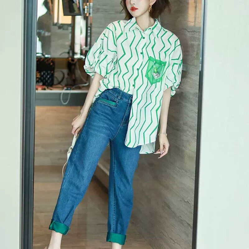 Women's Clothing Wave Cut Printed Shirt Commute Loose Summer Fashion Single-breasted Korean Short Sleeve Pockets Spliced Blouse