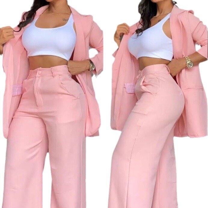 Women Pant Sets Turn Down Collar Single Breasted Tracksuit Outerwear Ankle Length Straight Pants Pockets Loose Solid 2024