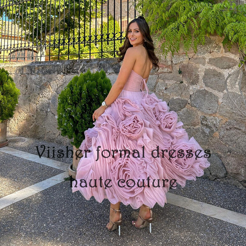 Viisher różowa sukienka na wieczorny bal z organzy bez ramiączek sukienka na imprezę, do kostek uczcić imprezę suknie sznurowane z tyłu