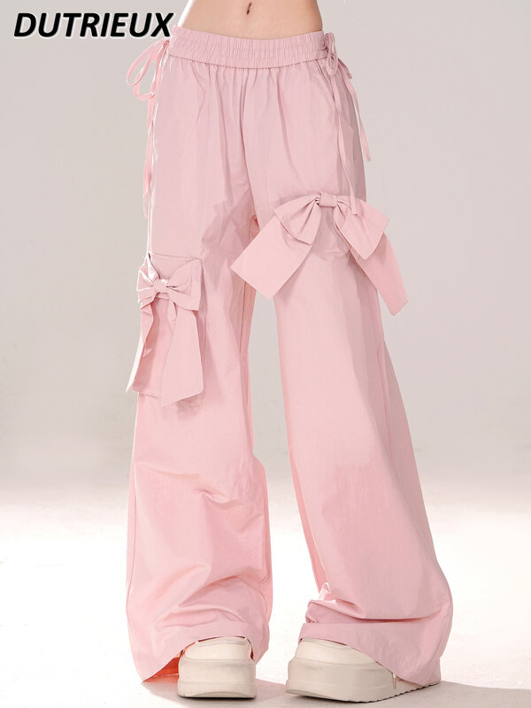 Słodkie spodnie Lolita letnie w nowym stylu z różową kokardką proste spodnie codzienne dopasowane luźne spodnie robocze damskie pantalony