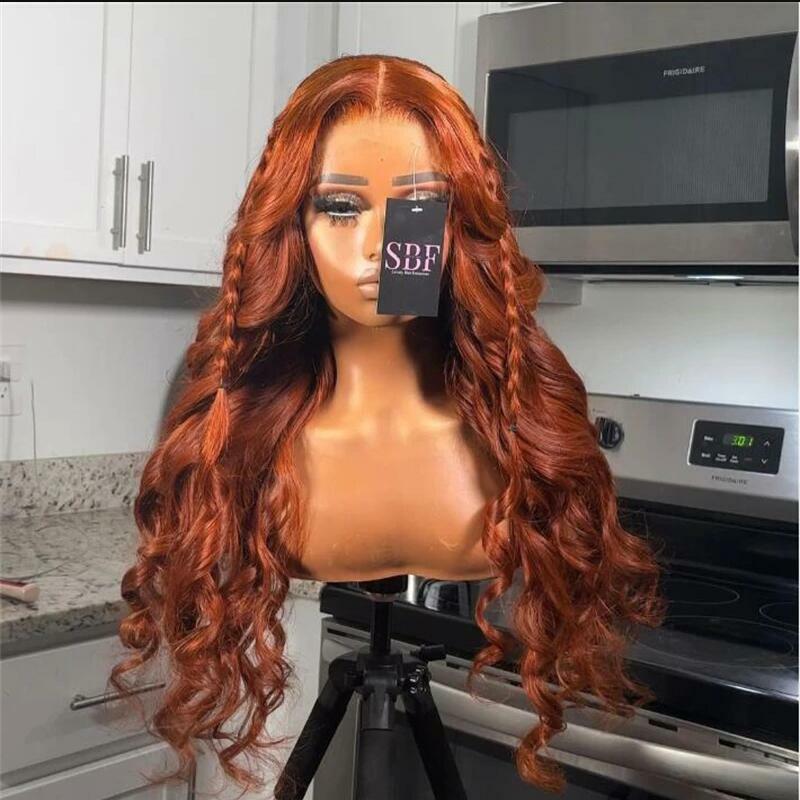 26“ Soft 180Density Preplucked Long Orange Brown Body Wave  Lace Front Wig For Women BabyHair Glueless Heat Resistant Daily Wig