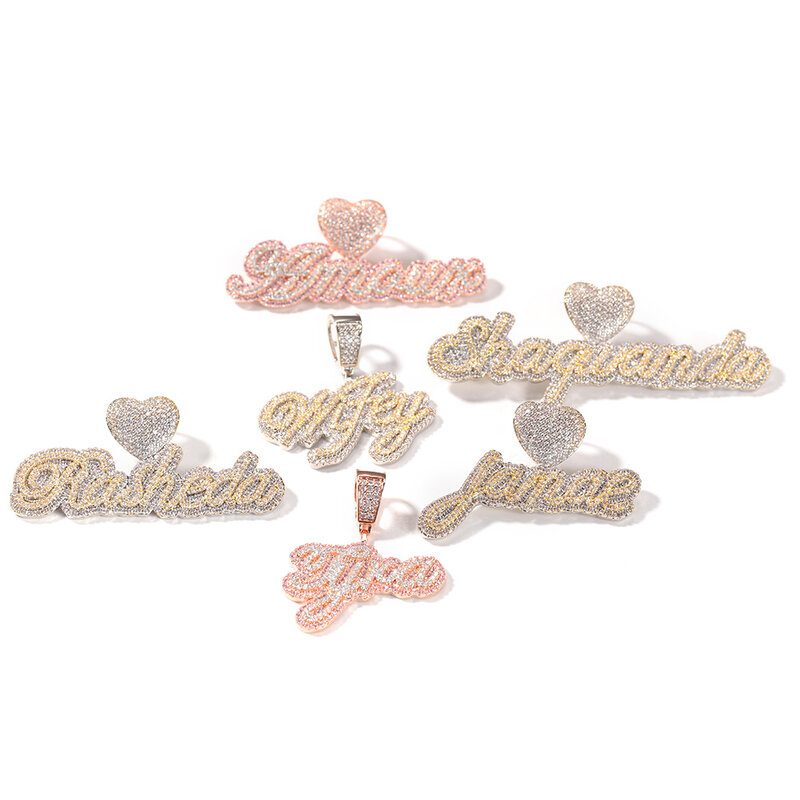 Carta cursiva personalizada Uwin com fecho de coração, corrente cubana gelada, colar com nome, corrente cubana, zircônia cúbica, moda jóias Hip Hop, 9mm