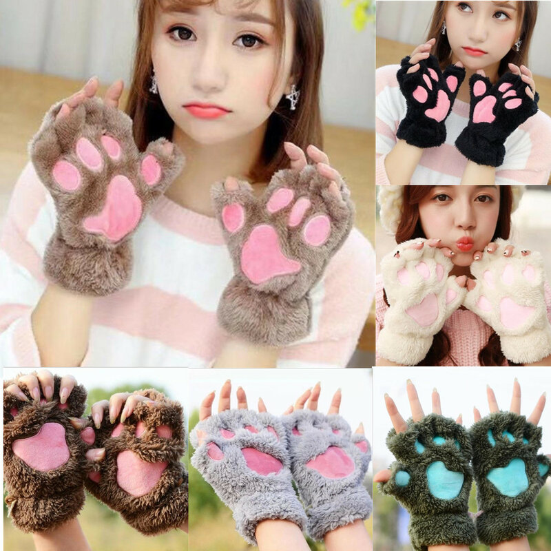 Women Cute Cat Paw Plush Mittens Gloves Warm Soft Plush Short Fingerless Fluffy Bear Cat Gloves Costume Half Finger Party Gift
