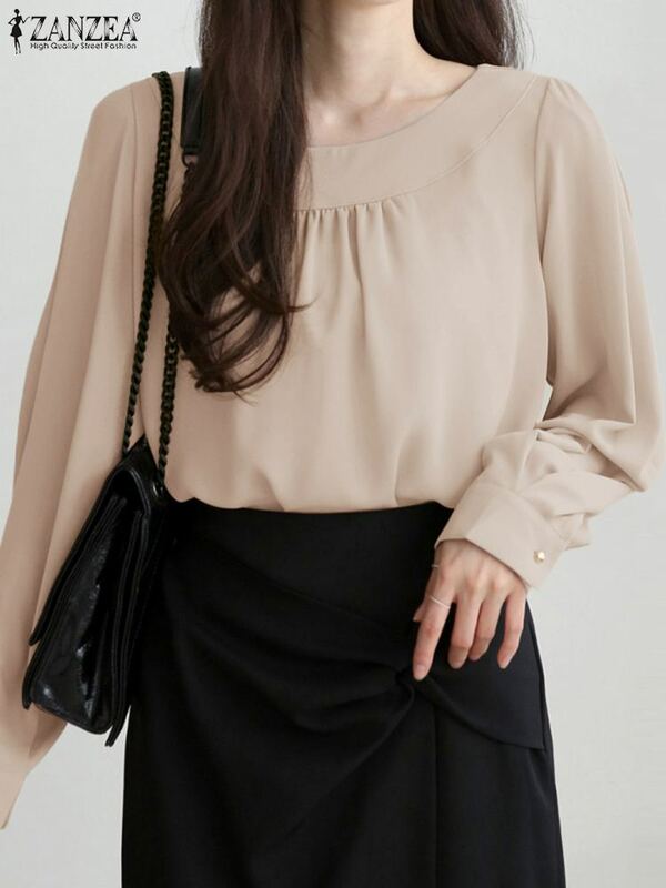 Элегантная женская офисная блузка ZANZEA, летняя Модная рубашка с длинным рукавом, модель 2024 года, корейские стильные однотонные блузки из искусственной кожи, повседневные свободные блузы
