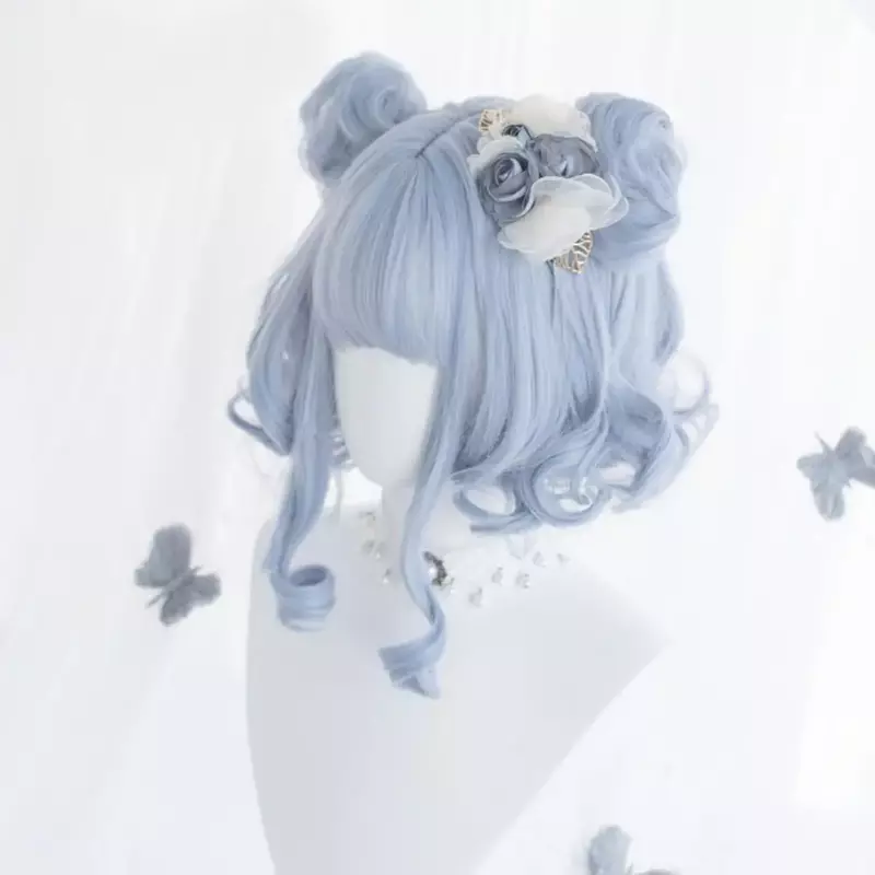 Lolita Anime Cosplay Pruik Kort Krullend Blauw Broodjes Lady Party Bob Clips Synthetische Hittebestendige Haar