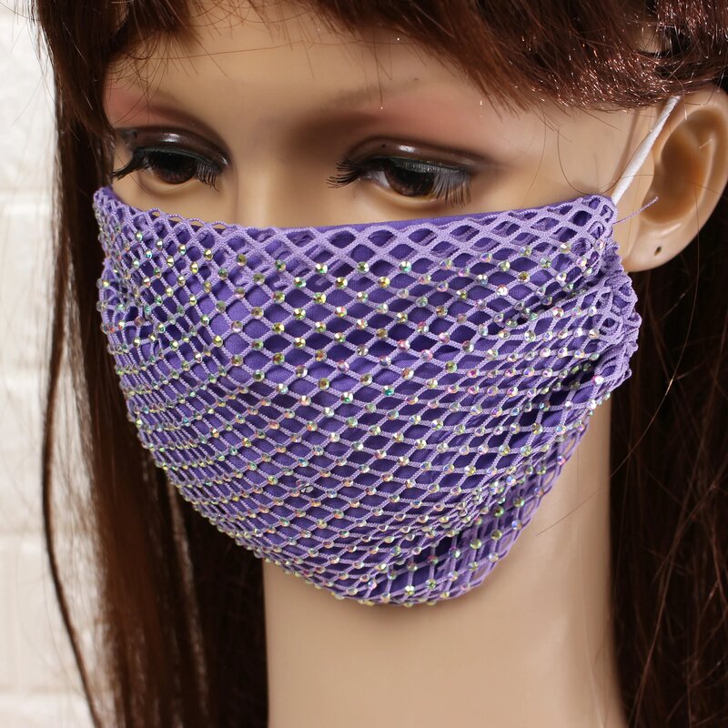 Mascarilla facial de cristal con purpurina para mujer, máscara de malla con diamantes de imitación, lavable, reutilizable