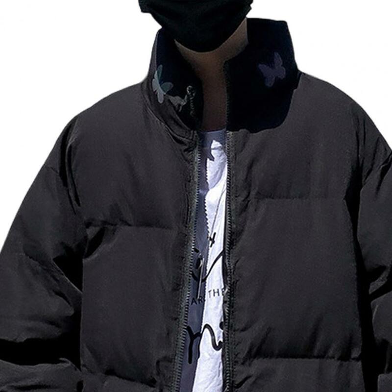 Jaket musim dingin pria empuk, mantel bulu angsa Unisex longgar lengan panjang penutup ritsleting tahan angin perlindungan leher