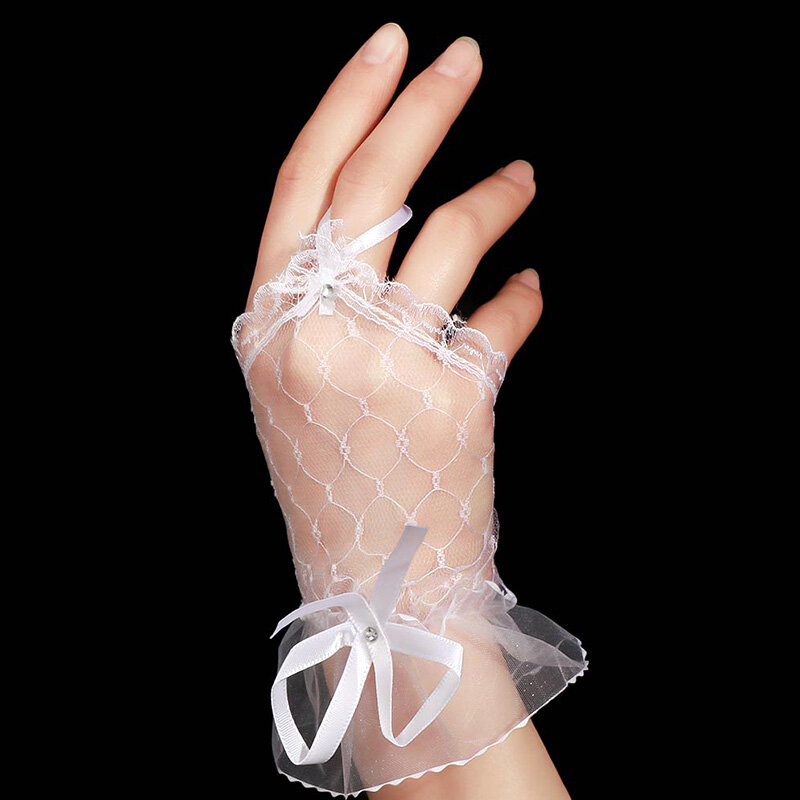 Sarung tangan renda jala wanita, 1 pasang sarung tangan pengantin wanita jaring pendek renda berlubang bernapas dasi kupu-kupu