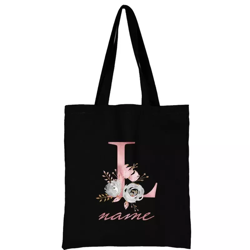TOUB024 bolso de hombro de lona para mujer, bolso de mano informal con letra de flor rosa, nombre personalizado