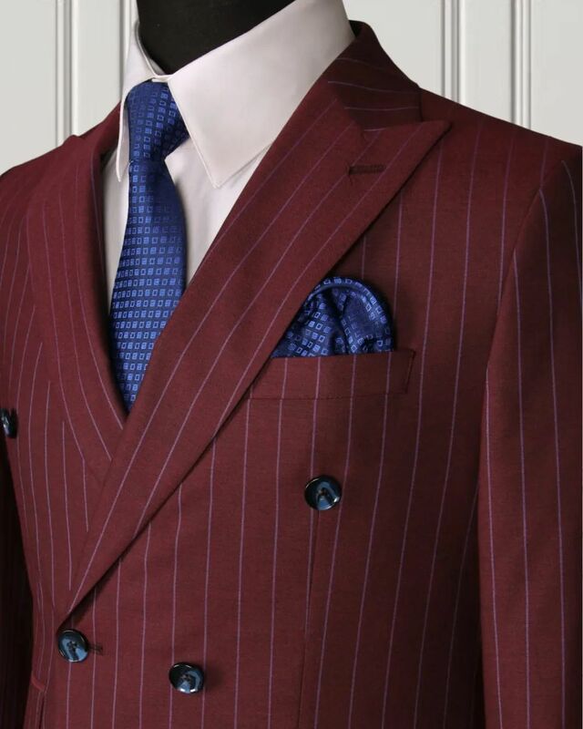 Pinstripe Men Suits Set 2 Piece Blazer+Pants Custom Made Jacket Formal Office Business Groom Wedding Tuxedo Double Breasted Coat