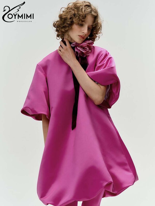 Oymimi gaun longgar kasual wanita, pakaian jalanan Wanita Lengan Puff Solid leher O berkancing modis merah muda gelap